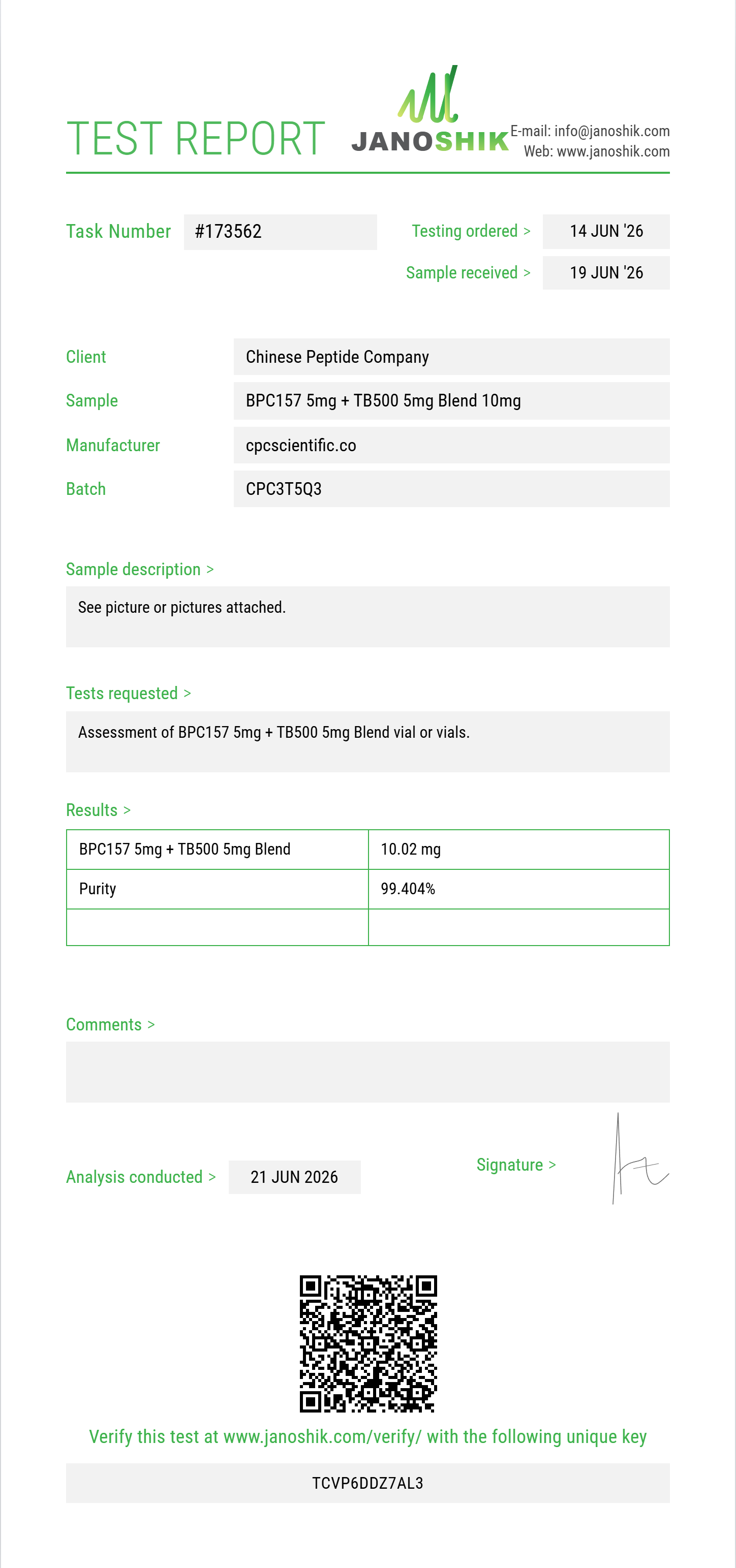 BPC157 5mg + TB500 5mg Blend Purity (HPLC) report by Janoshik Analytical