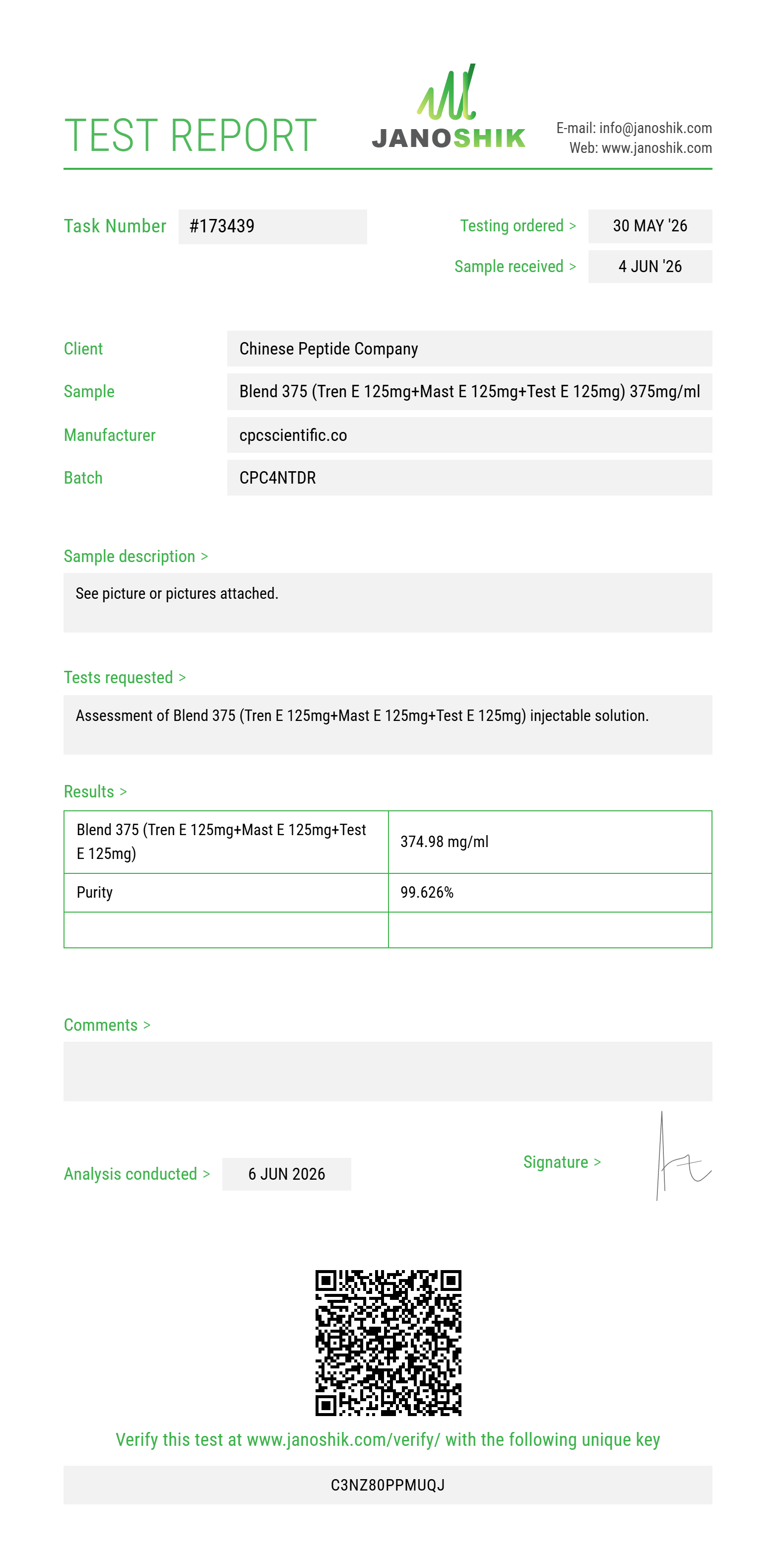 Blend 375 (Tren E 125mg+Mast E 125mg+Test E 125mg) Purity (HPLC) report by Janoshik Analytical