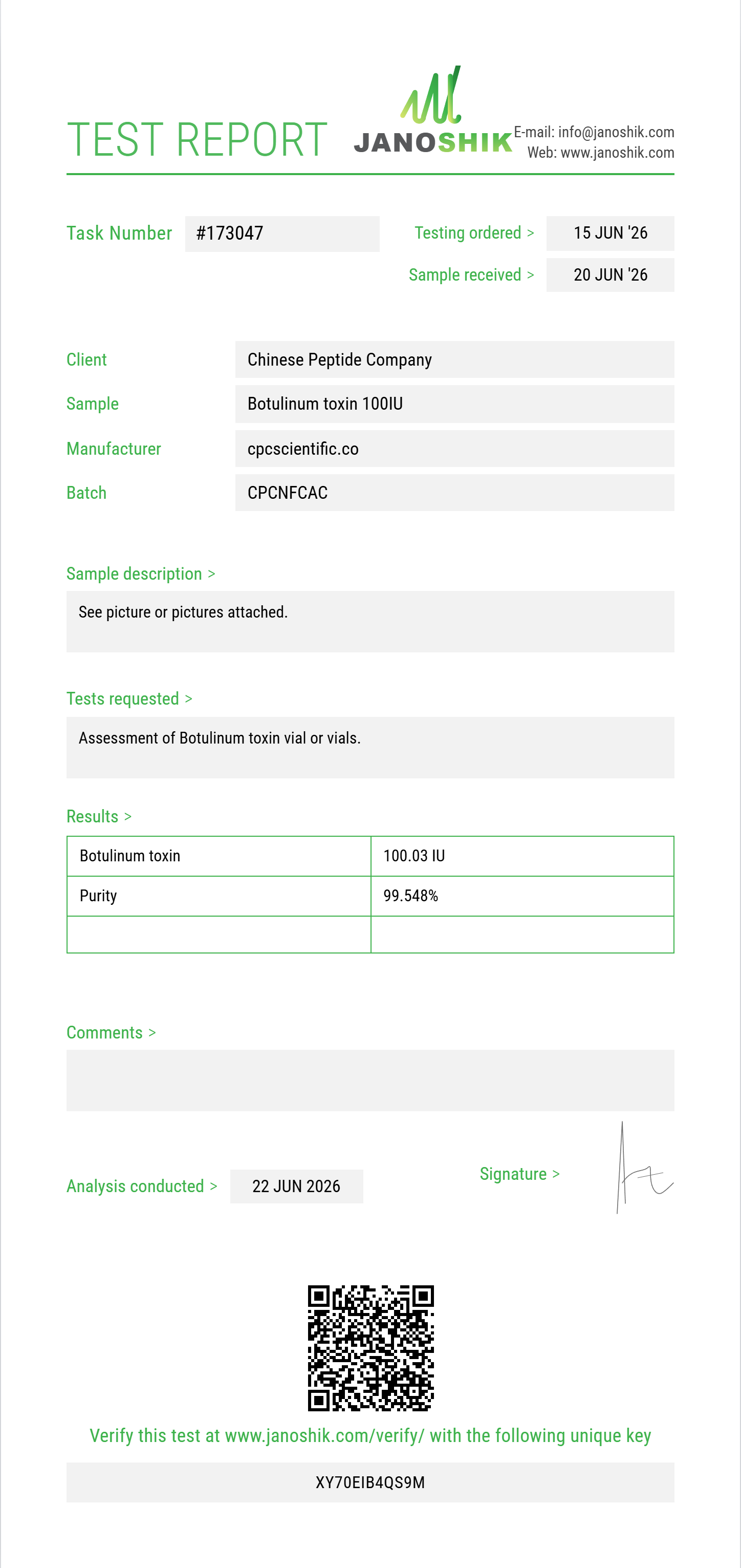 Botulinum toxin Purity (HPLC) report by Janoshik Analytical