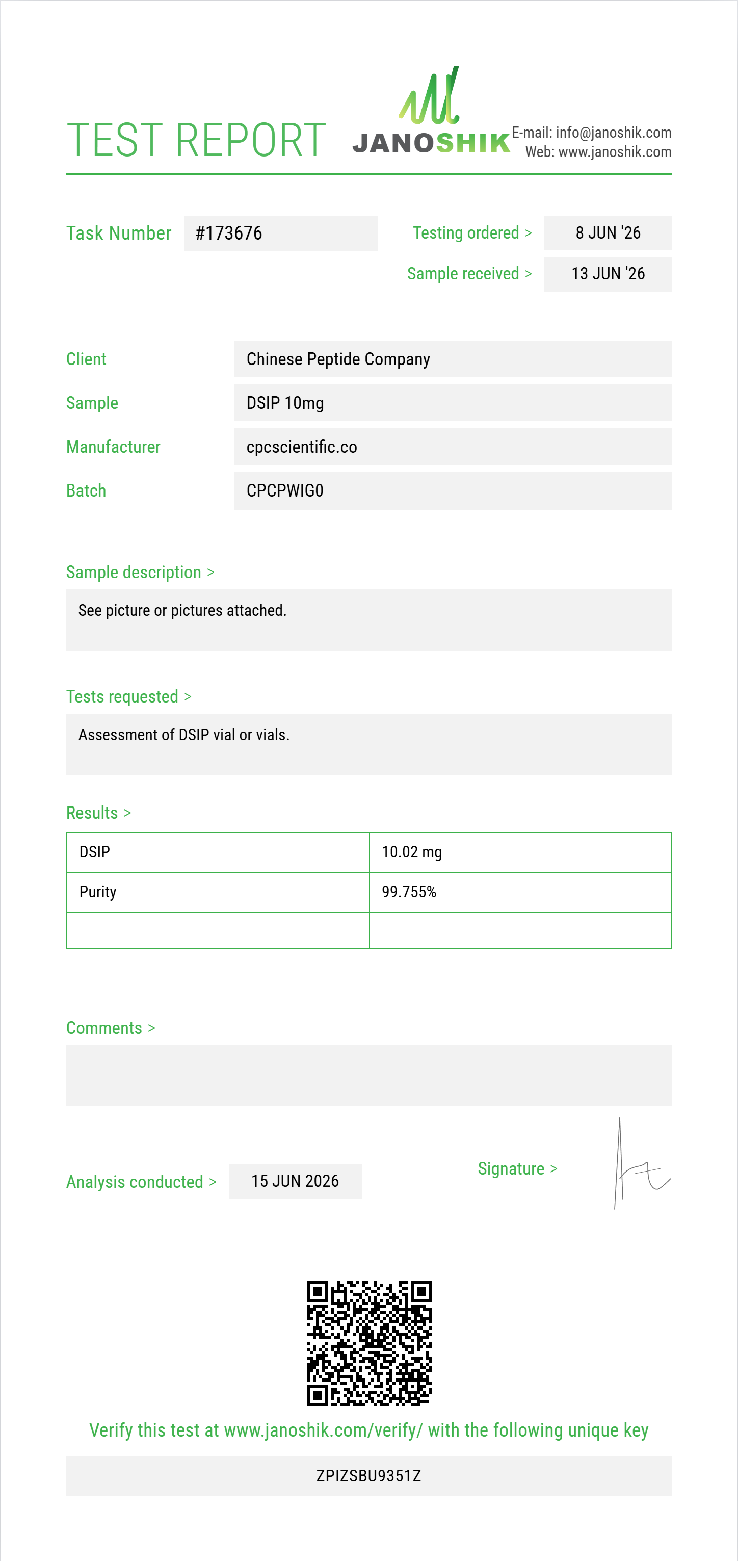 DSIP Purity (HPLC) report by Janoshik Analytical