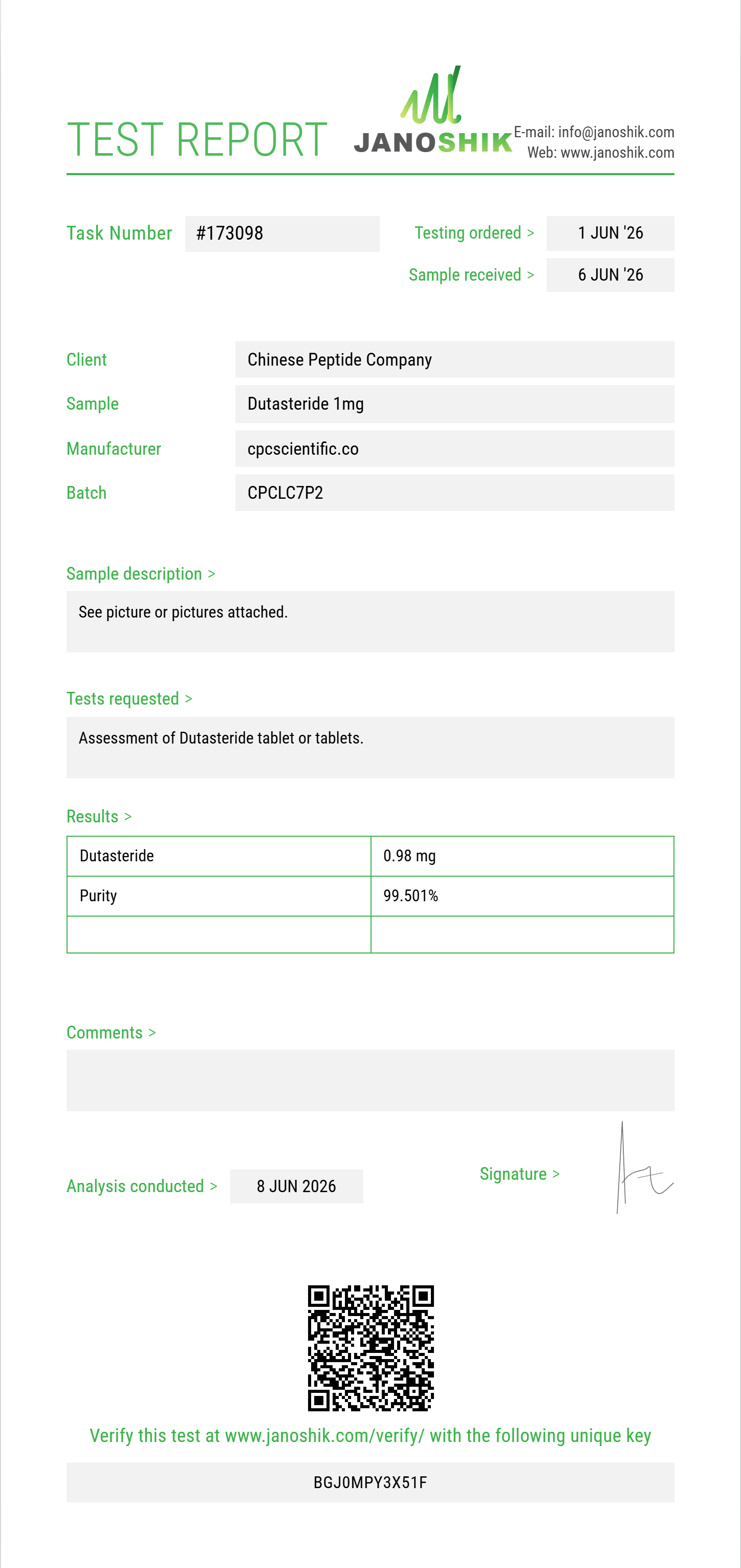 Dutasteride Purity (HPLC) report by Janoshik Analytical
