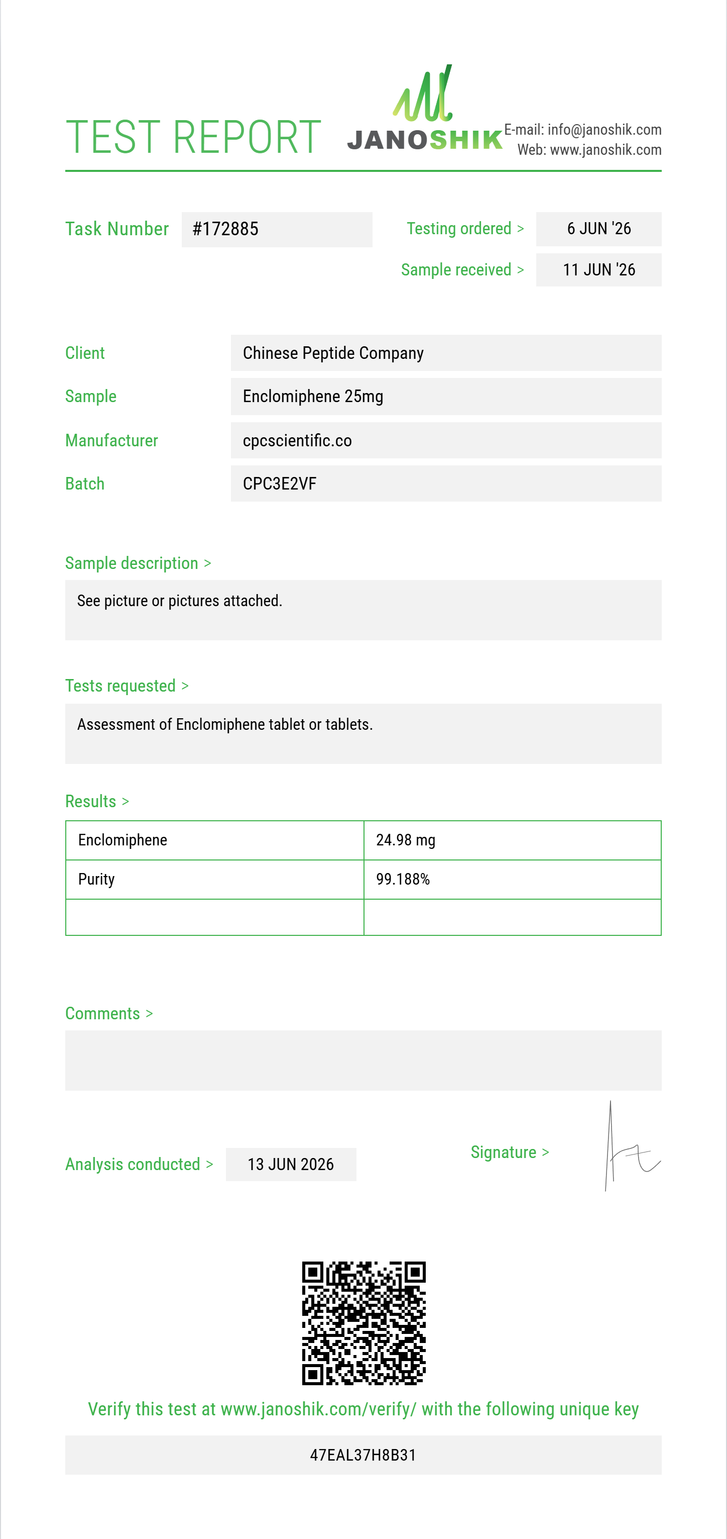 Enclomiphene Purity (HPLC) report by Janoshik Analytical