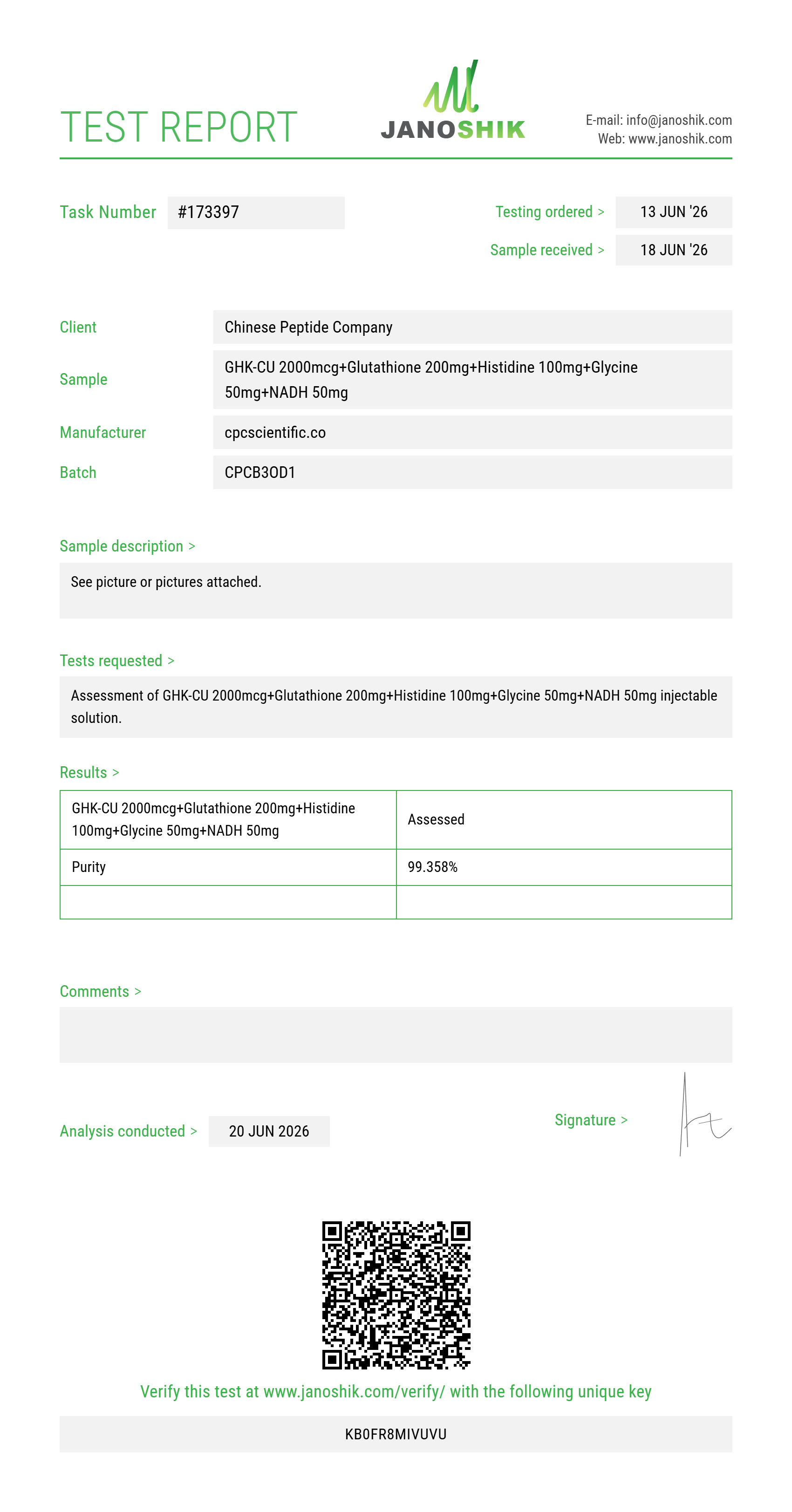 GHK-CU 2000mcg+Glutathione 200mg+Histidine 100mg+Glycine 50mg+NADH 50mg Purity (HPLC) report by Janoshik Analytical