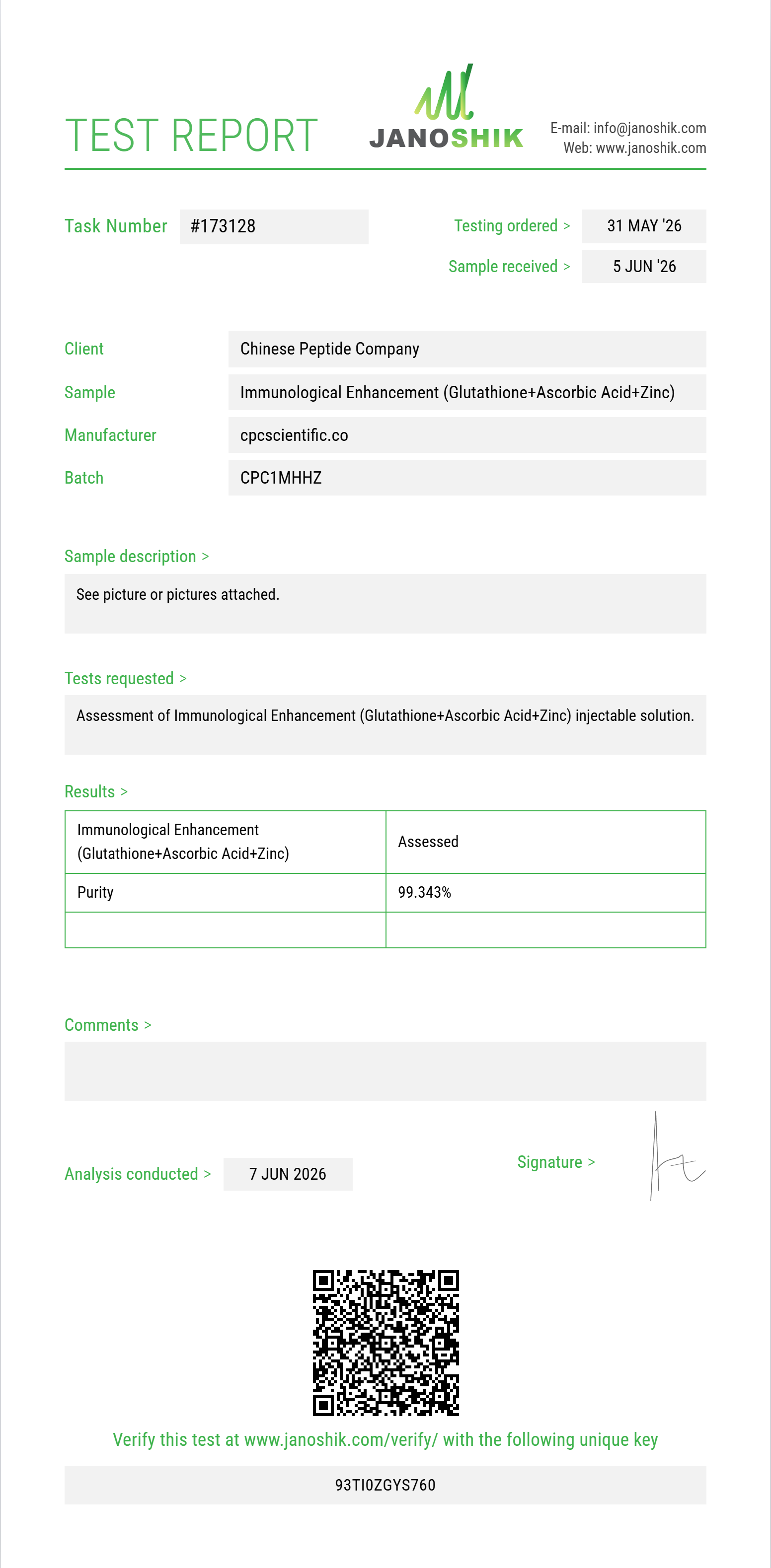 Immunological Enhancement (Glutathione 200mg+Ascorbic Acid 200mg+Zinc Sulfate 2.5mg) Purity (HPLC) report by Janoshik Analytical
