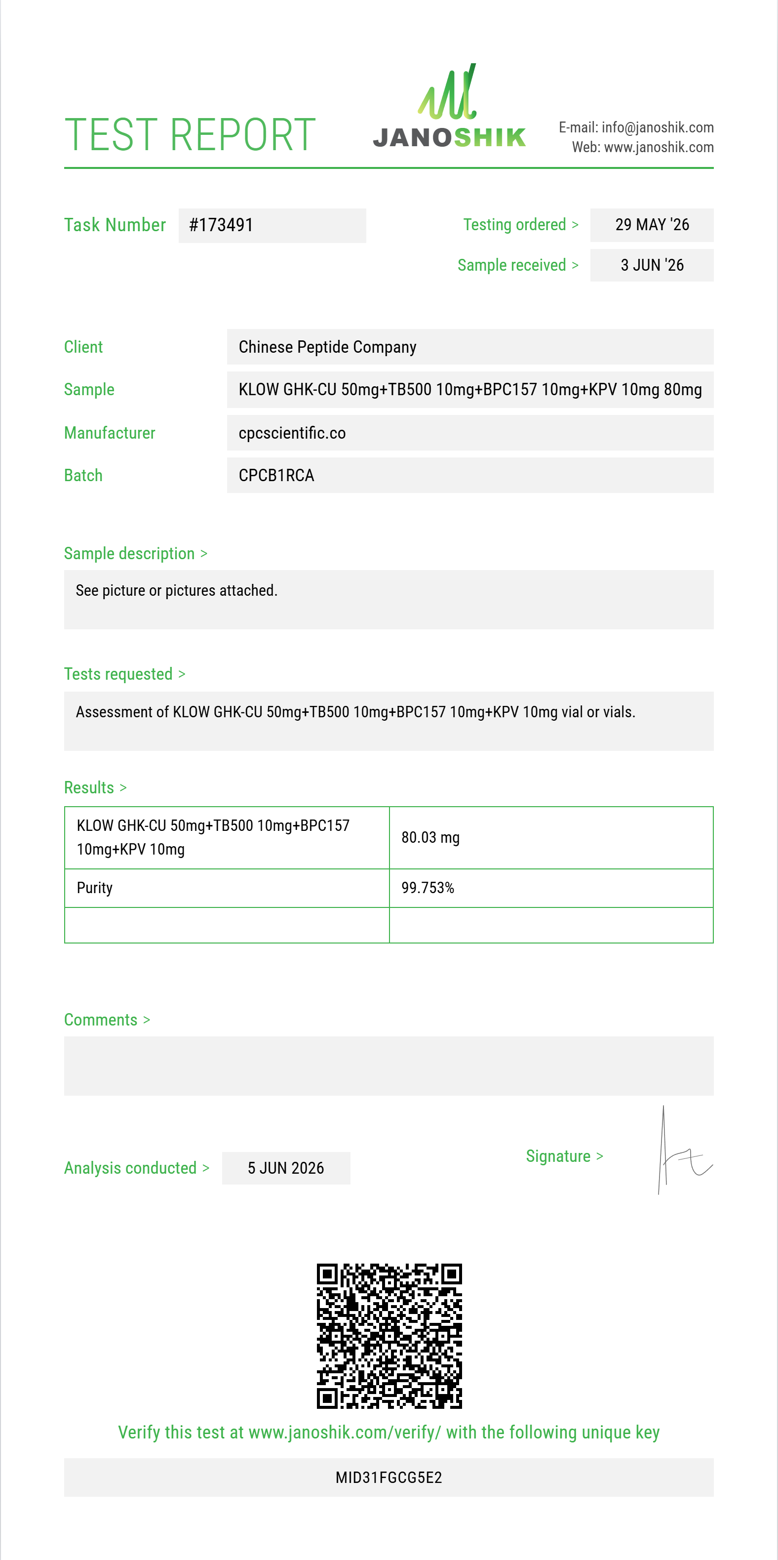 KLOW GHK-CU 50mg+TB500 10mg+BPC157 10mg+KPV 10mg Purity (HPLC) report by Janoshik Analytical
