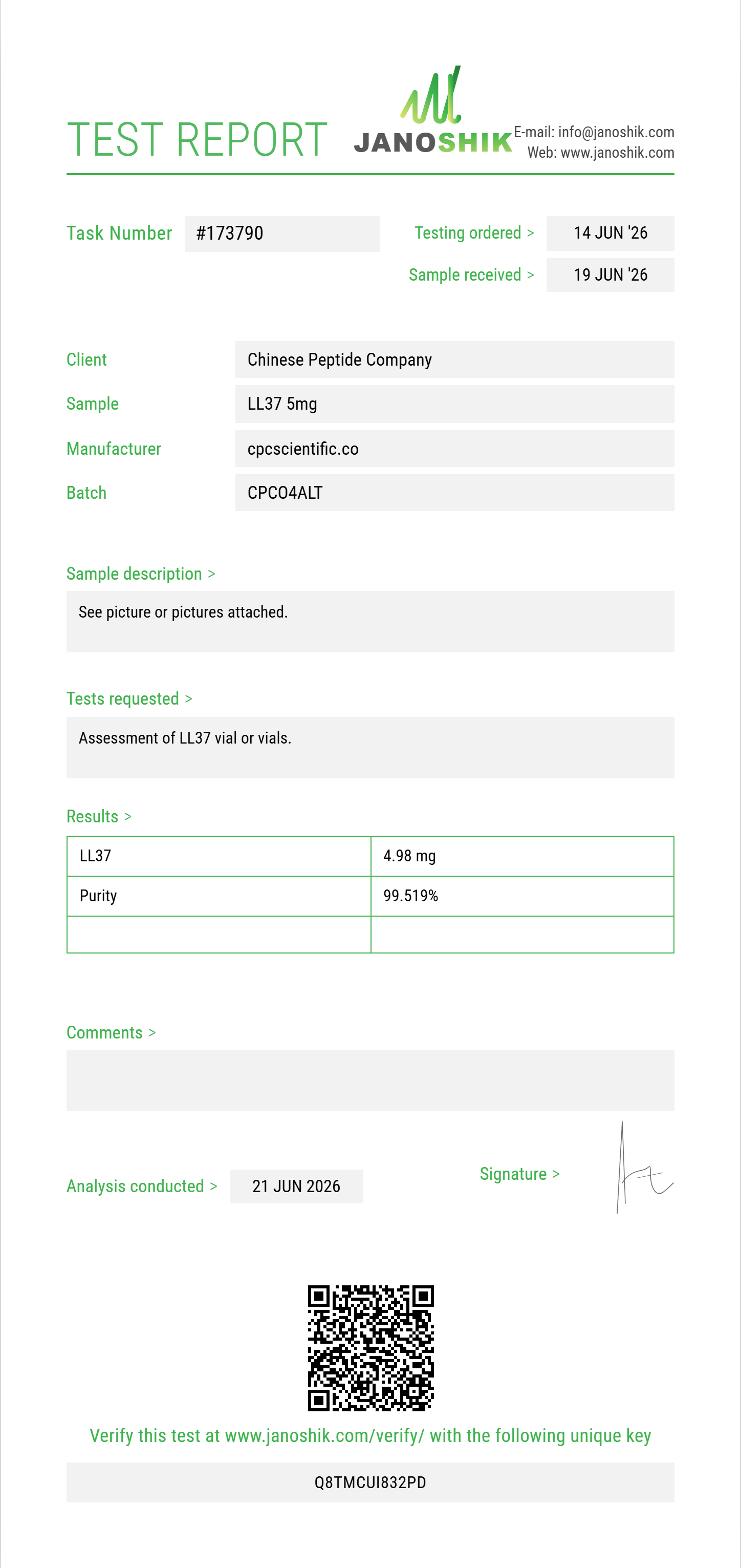LL37 Purity (HPLC) report by Janoshik Analytical