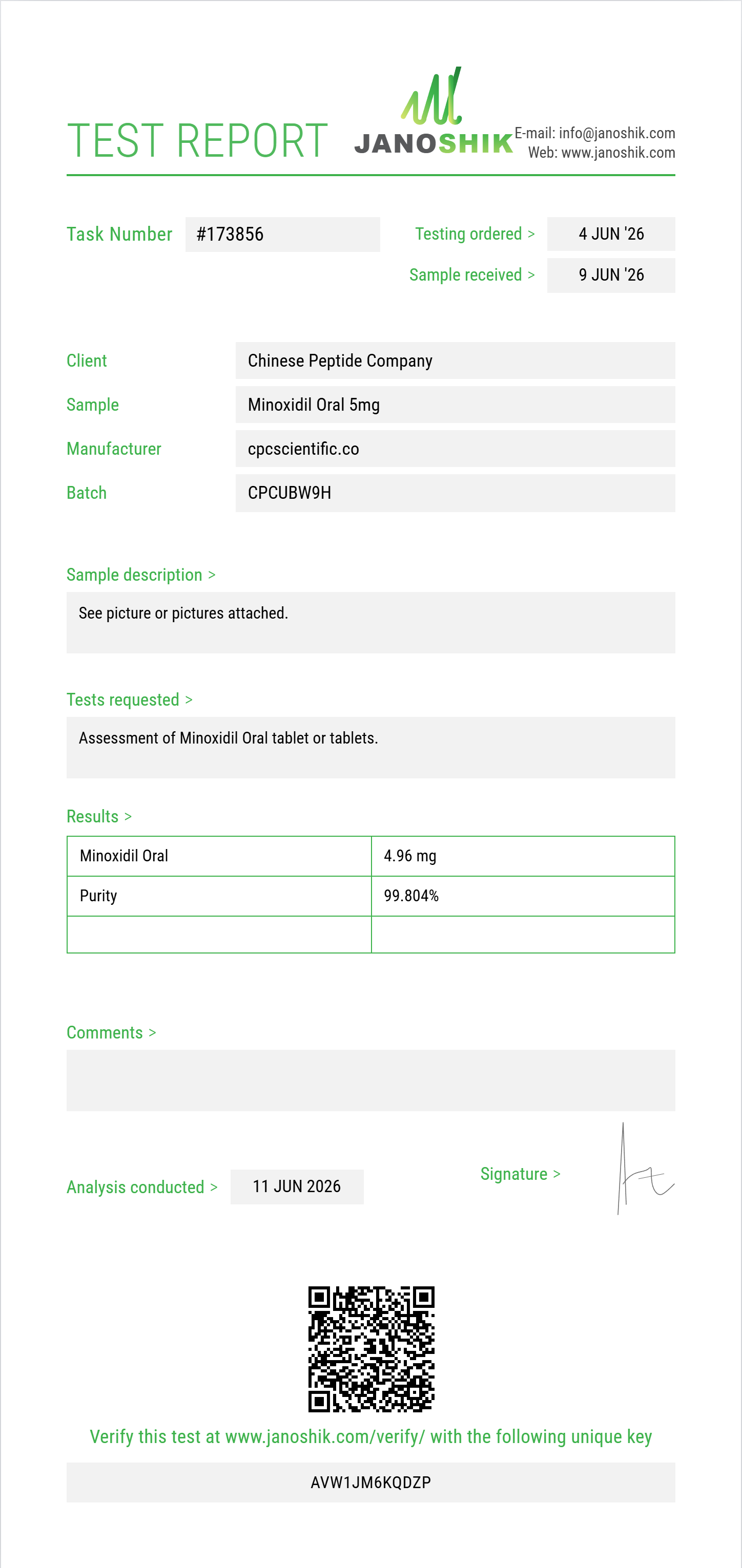 Minoxidil Oral Purity (HPLC) report by Janoshik Analytical