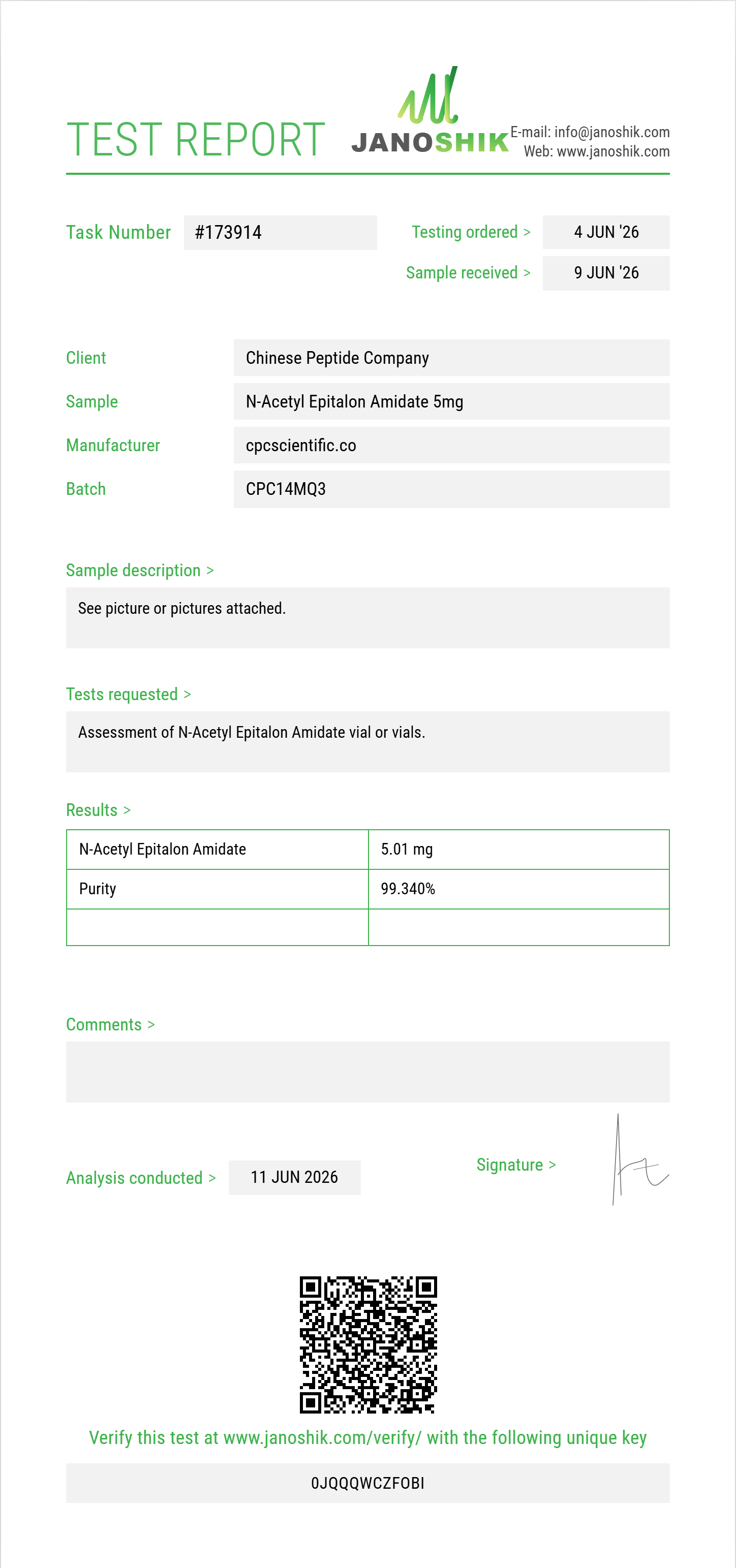 N-Acetyl Epitalon Amidate Purity (HPLC) report by Janoshik Analytical