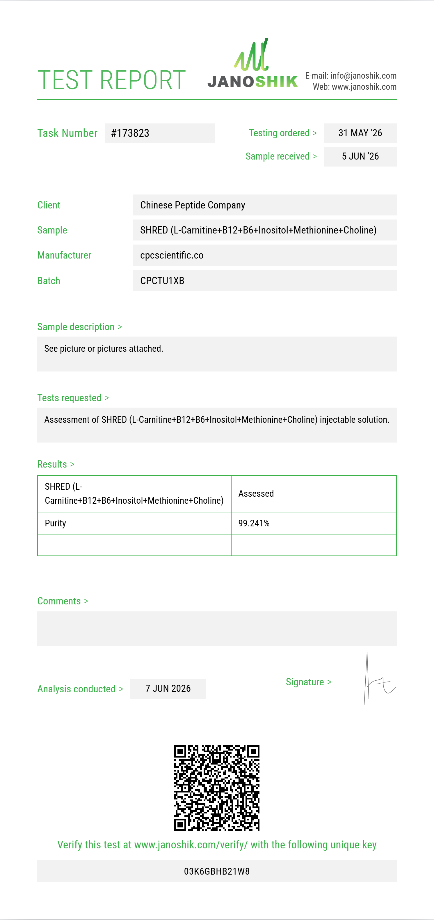 SHRED (L-Carnitine 200mg+B12+B6+Inositol+Methionine+Choline) Purity (HPLC) report by Janoshik Analytical