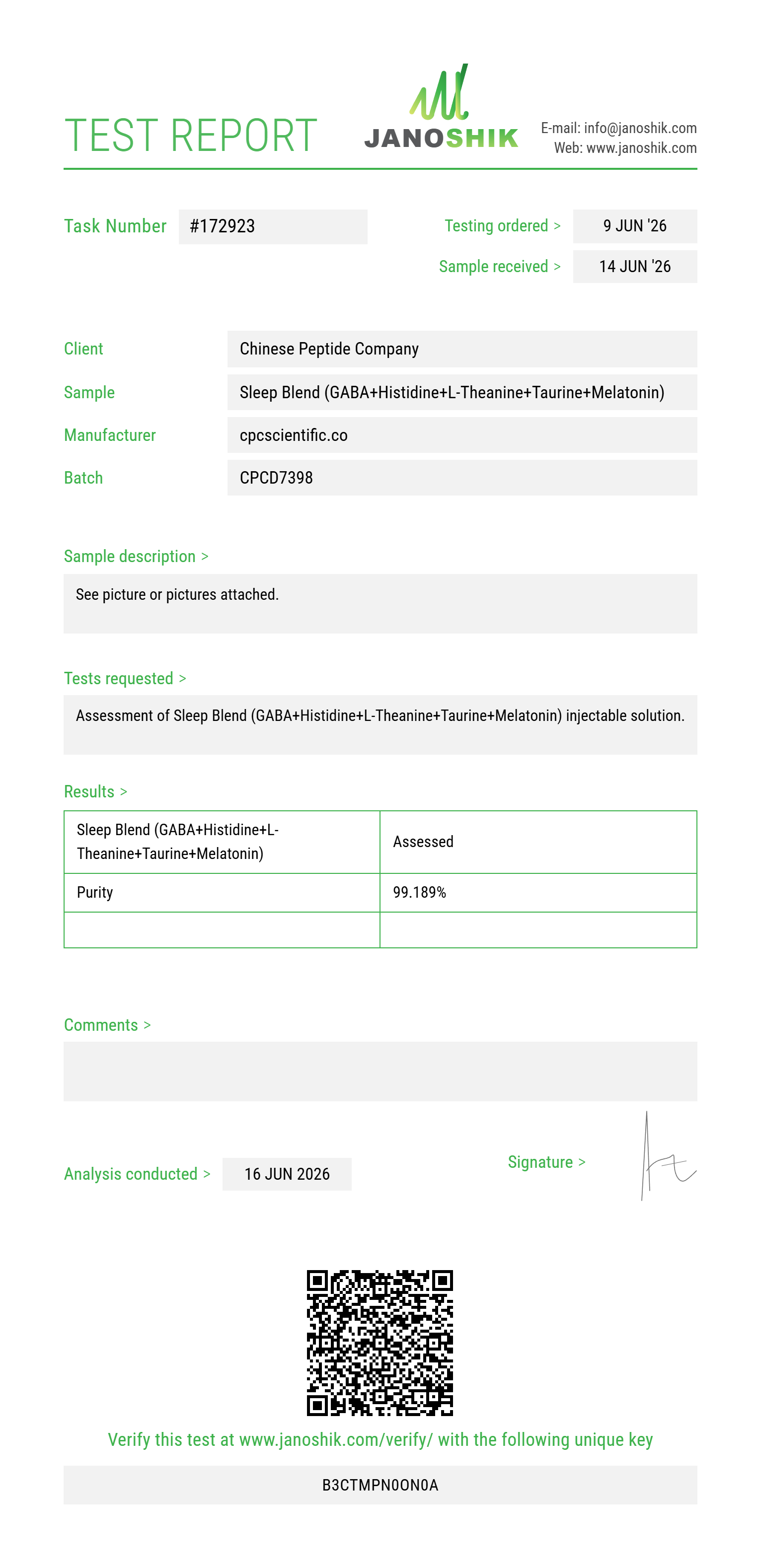 Sleep Blend (GABA 100mg+Histidine 100mg+L-Theanine 50mg+Taurine 100mg+Melatonin 2mg) Purity (HPLC) report by Janoshik Analytical
