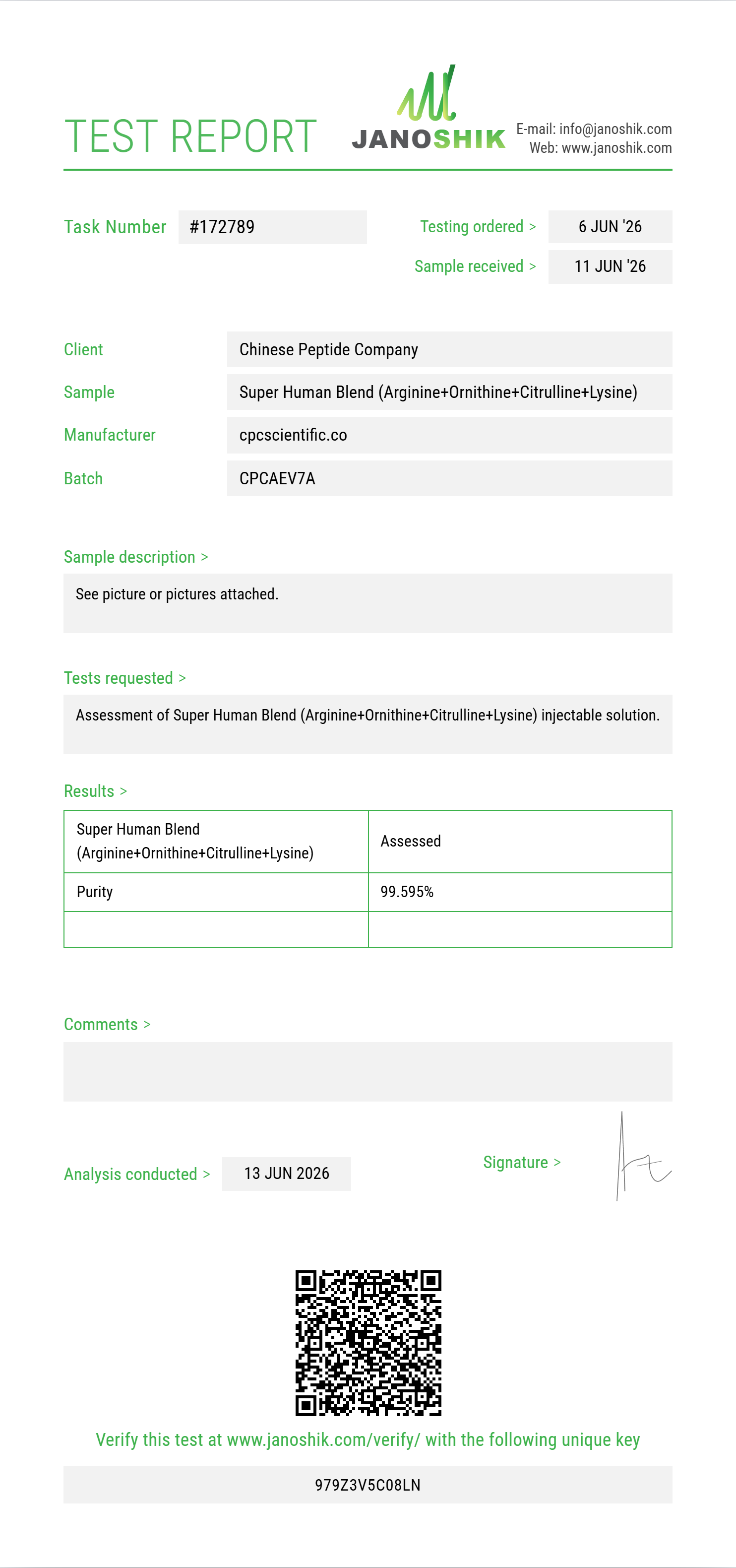 Super Human Blend (Arginine+Ornithine+Citrulline+Lysine+Glutamine+Proline+Taurine+Carnitine+NAC) Purity (HPLC) report by Janoshik Analytical