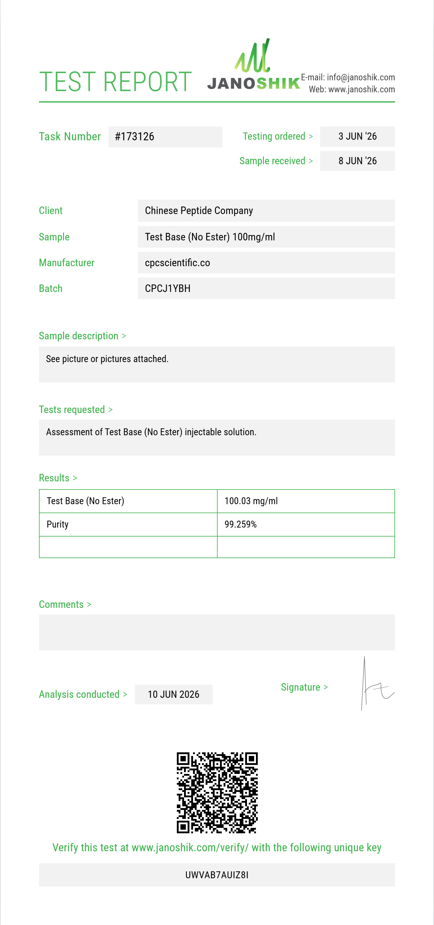 Test Base (No Ester) Purity (HPLC) report by Janoshik Analytical