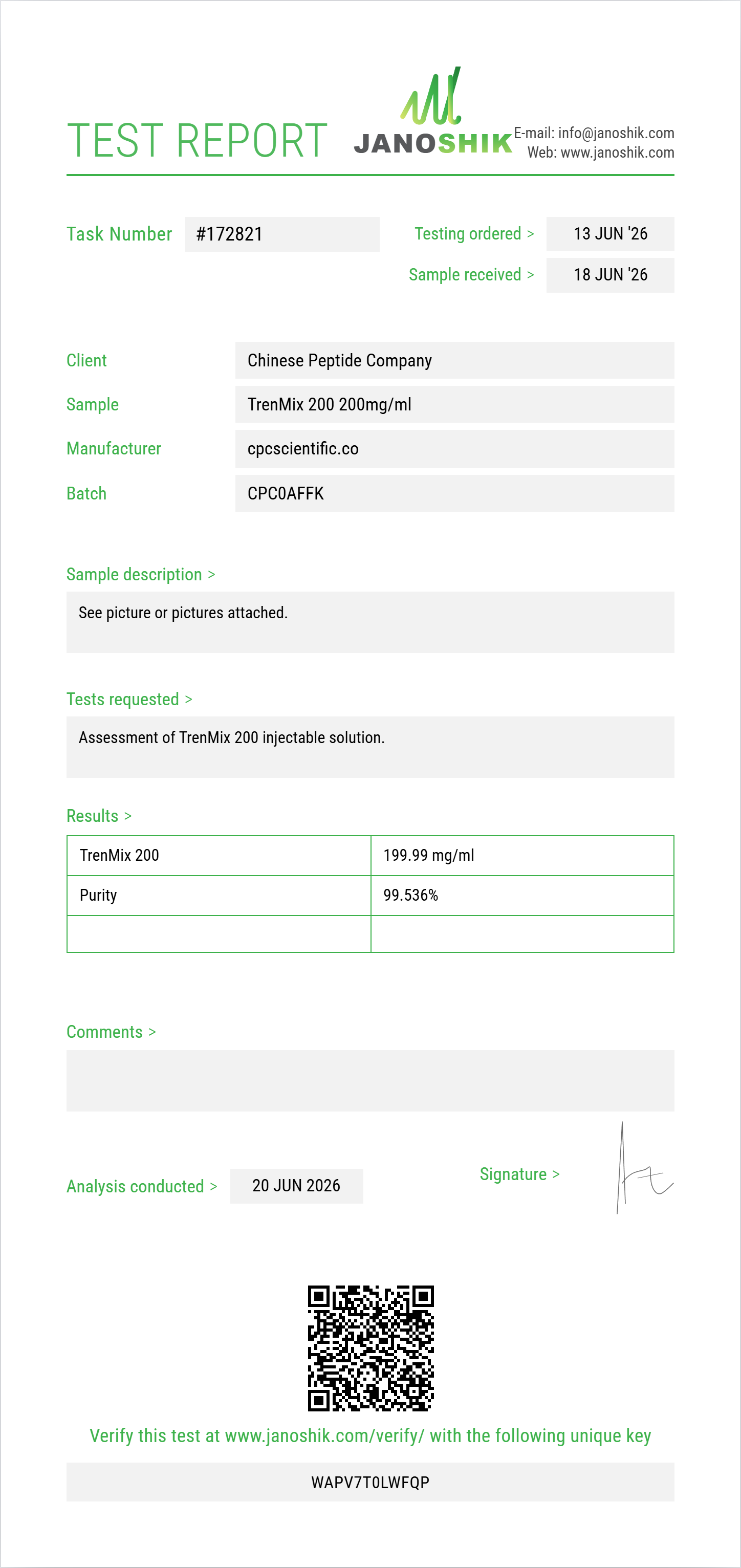 TrenMix 200 Purity (HPLC) report by Janoshik Analytical