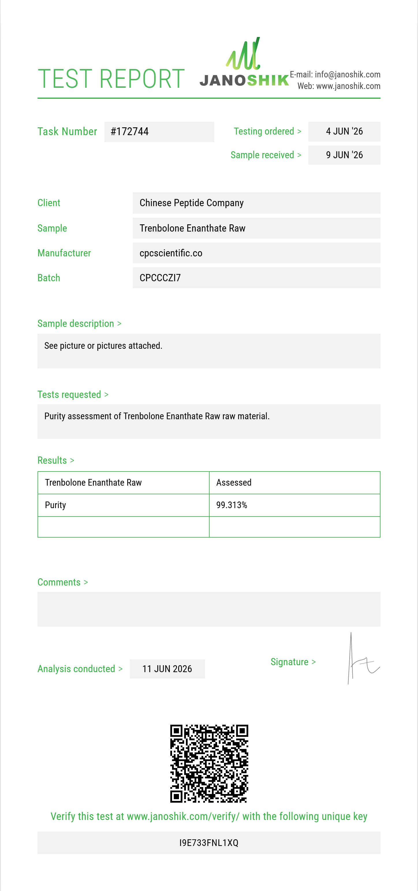 Trenbolone Enanthate Raw Purity (HPLC) report by Janoshik Analytical