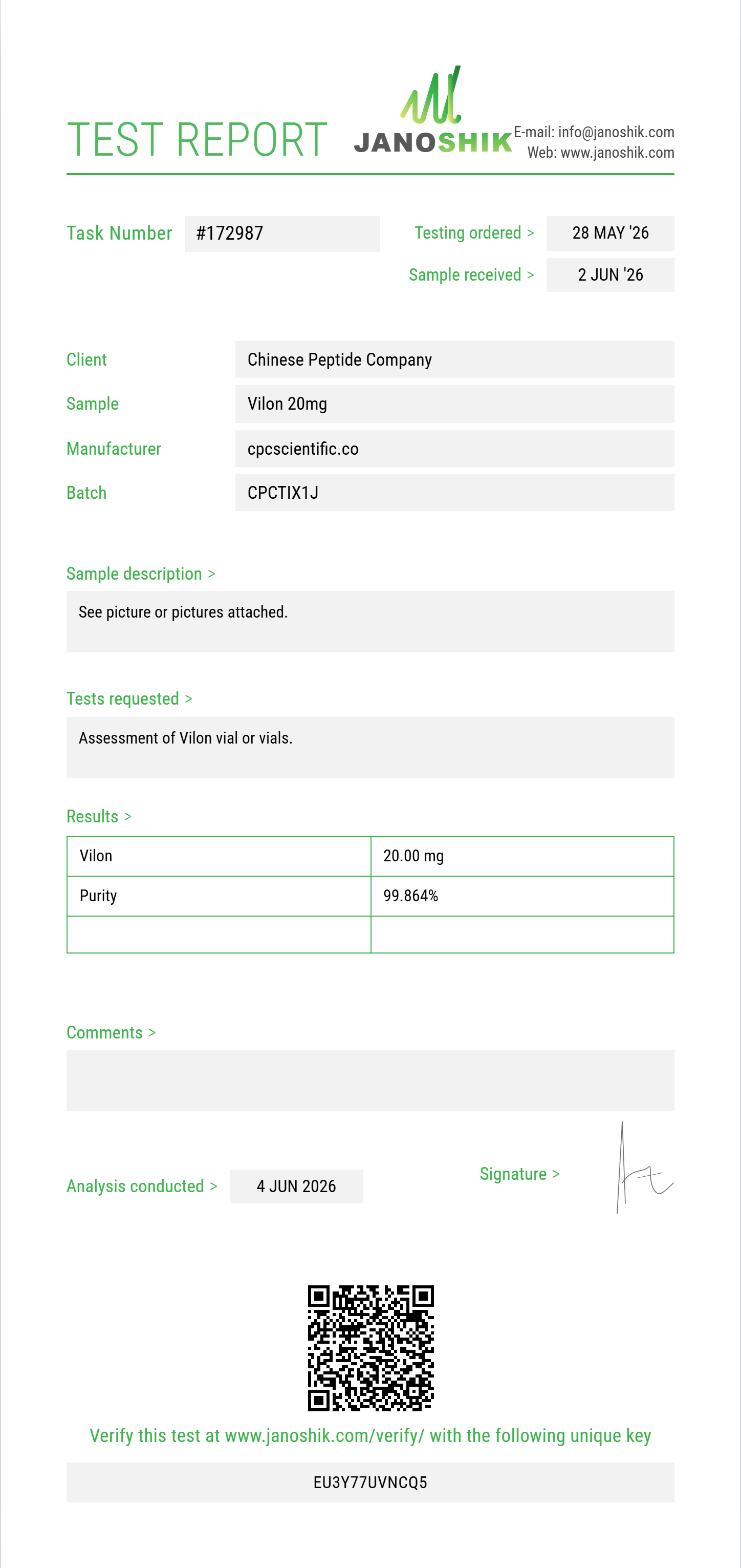 Vilon Purity (HPLC) report by Janoshik Analytical