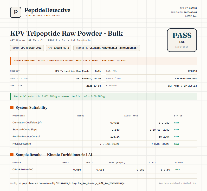 KPV Tripeptide Raw Powder - Bulk Endotoxin report by PeptideDetective