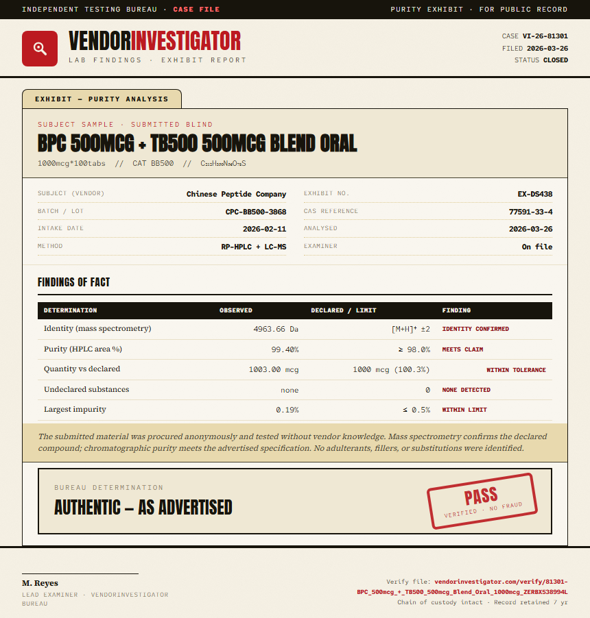 BPC 500mcg + TB500 500mcg Blend Oral Purity (HPLC) report by VendorInvestigator