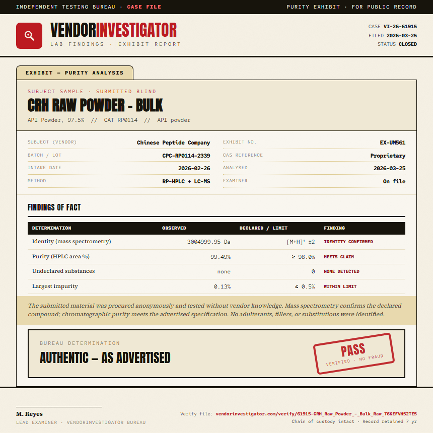 CRH Raw Powder - Bulk Purity (HPLC) report by VendorInvestigator