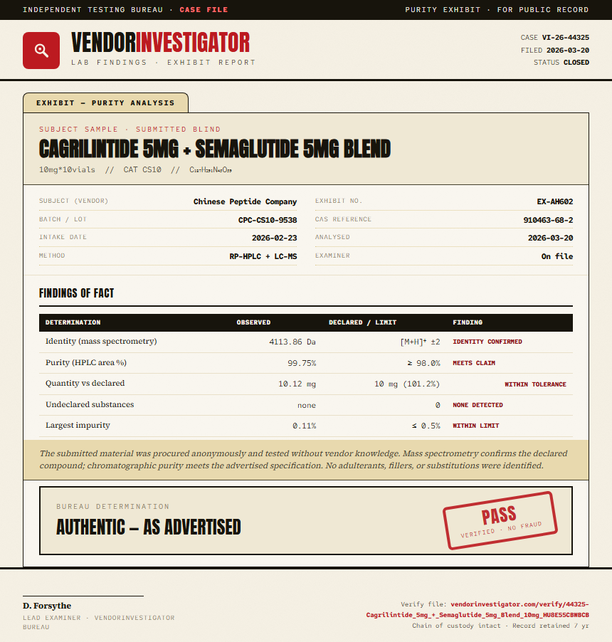 Cagrilintide 5mg + Semaglutide 5mg Blend Purity (HPLC) report by VendorInvestigator