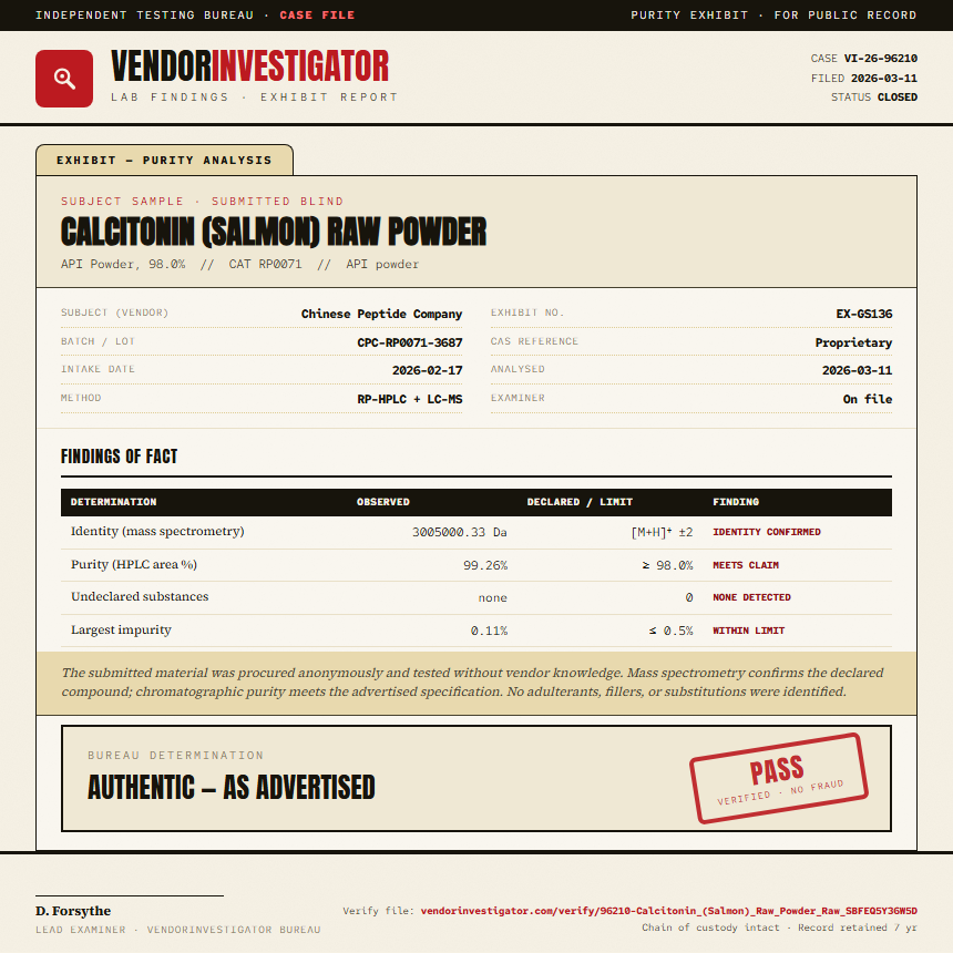 Calcitonin (Salmon) Raw Powder Purity (HPLC) report by VendorInvestigator