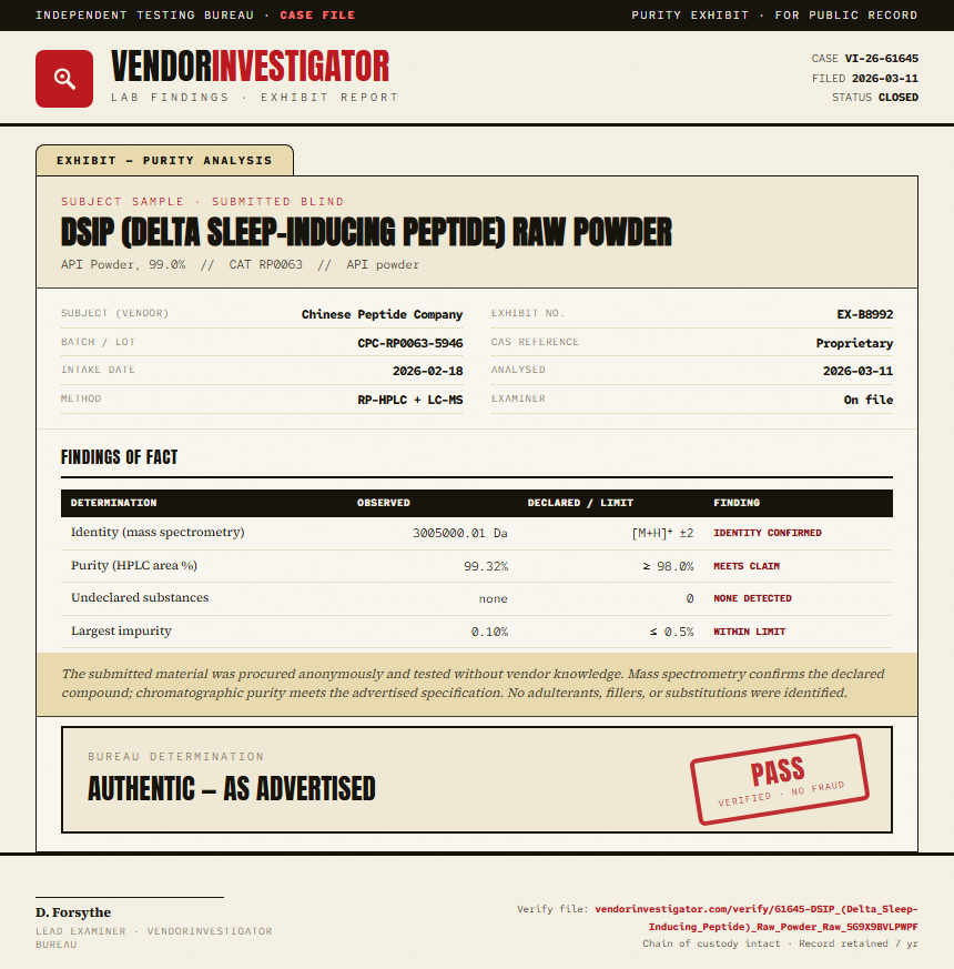 DSIP (Delta Sleep-Inducing Peptide) Raw Powder Purity (HPLC) report by VendorInvestigator
