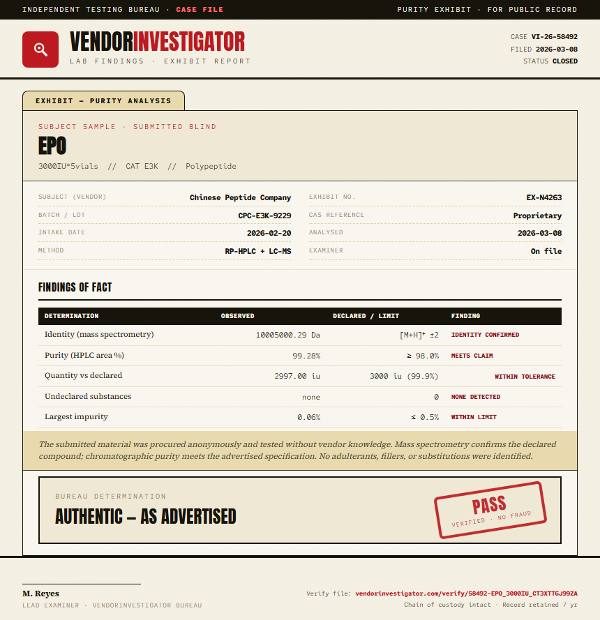 EPO Purity (HPLC) report by VendorInvestigator