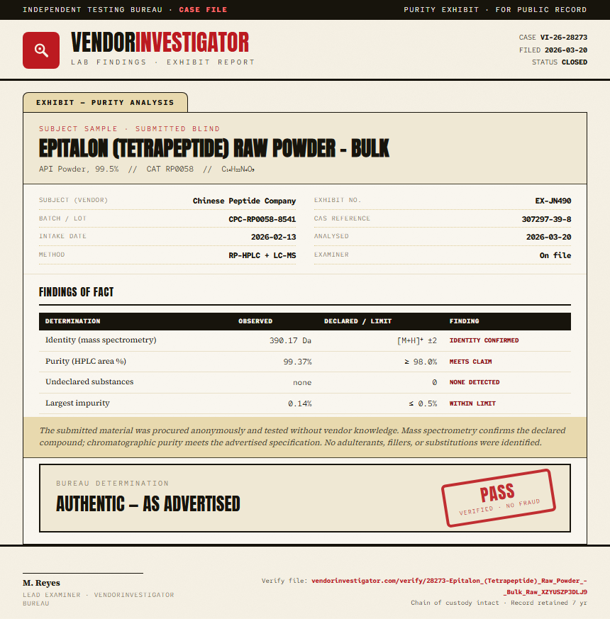 Epitalon (Tetrapeptide) Raw Powder - Bulk Purity (HPLC) report by VendorInvestigator