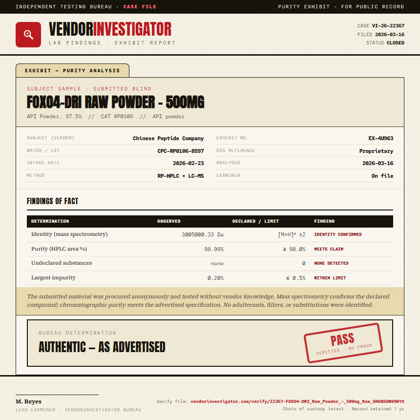 FOXO4-DRI Raw Powder - 500mg Purity (HPLC) report by VendorInvestigator