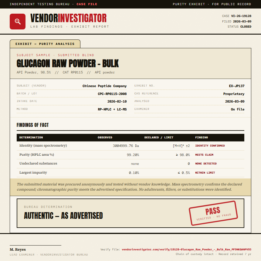 Glucagon Raw Powder - Bulk Purity (HPLC) report by VendorInvestigator