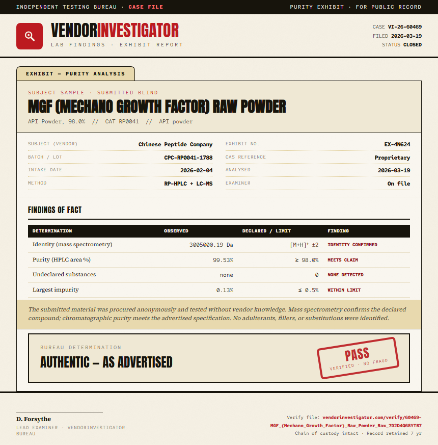 MGF (Mechano Growth Factor) Raw Powder Purity (HPLC) report by VendorInvestigator