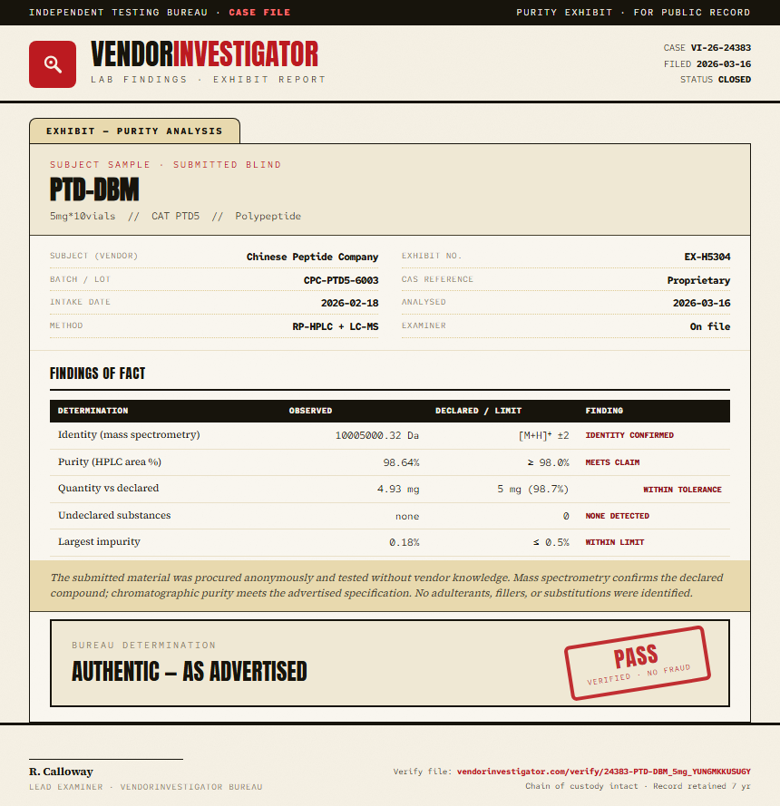 PTD-DBM Purity (HPLC) report by VendorInvestigator