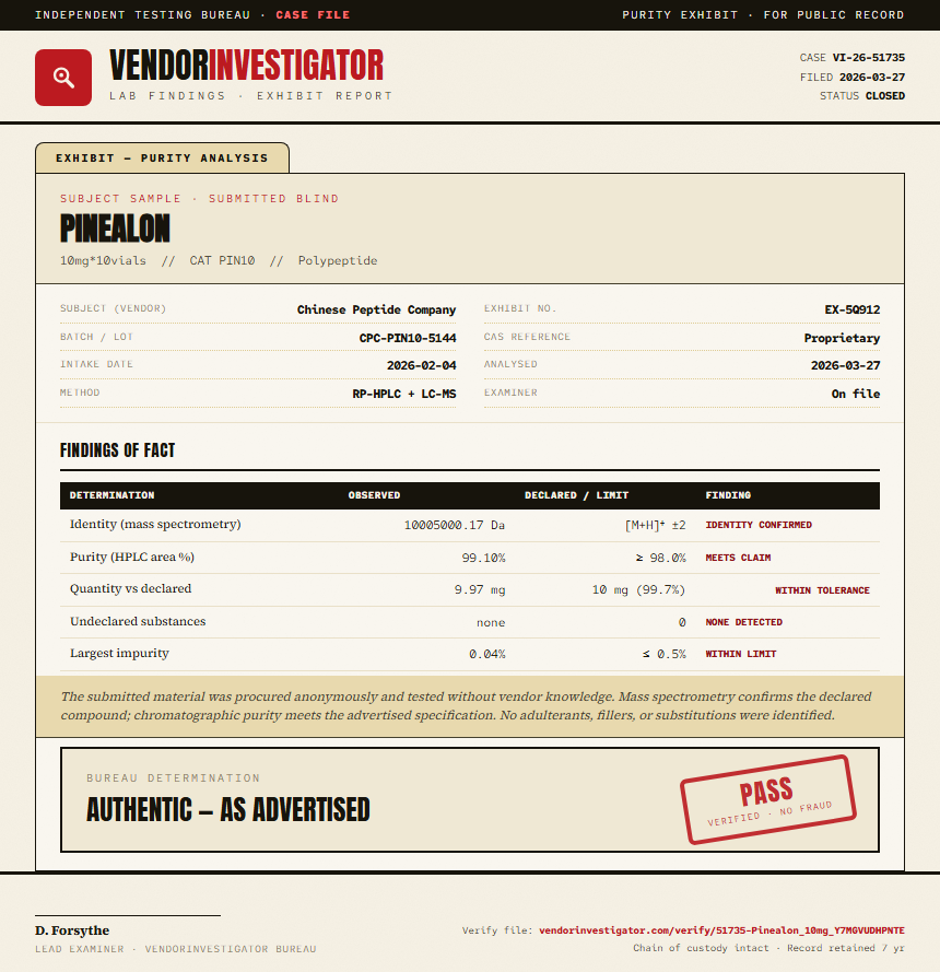 Pinealon Purity (HPLC) report by VendorInvestigator