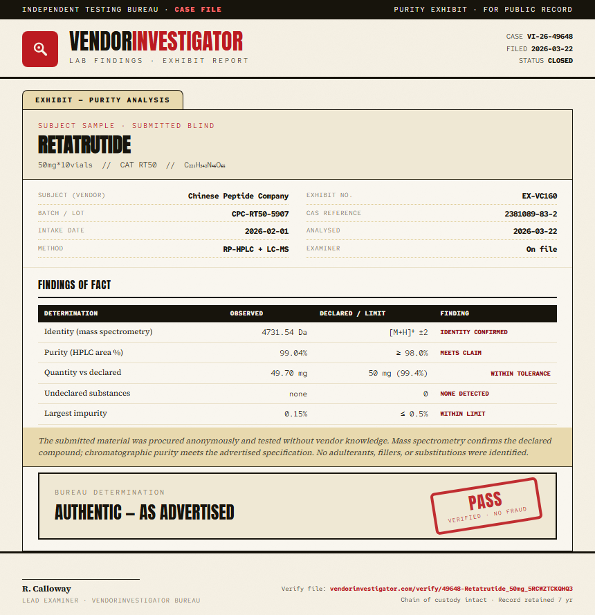 Retatrutide Purity (HPLC) report by VendorInvestigator