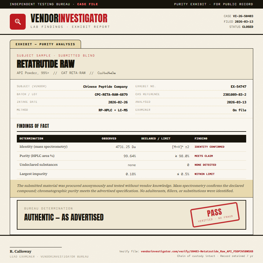 Retatrutide Raw Purity (HPLC) report by VendorInvestigator