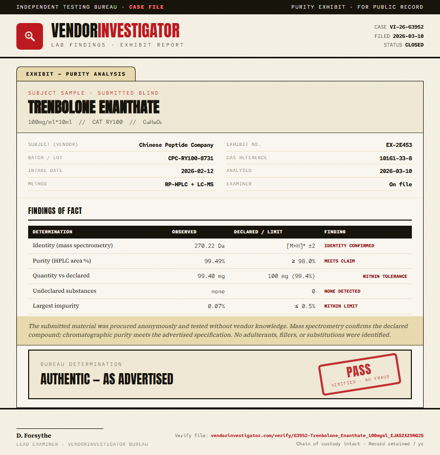 Trenbolone Enanthate Purity (HPLC) report by VendorInvestigator