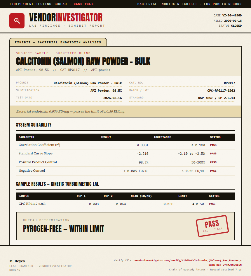 Calcitonin (Salmon) Raw Powder - Bulk Endotoxin report by VendorInvestigator