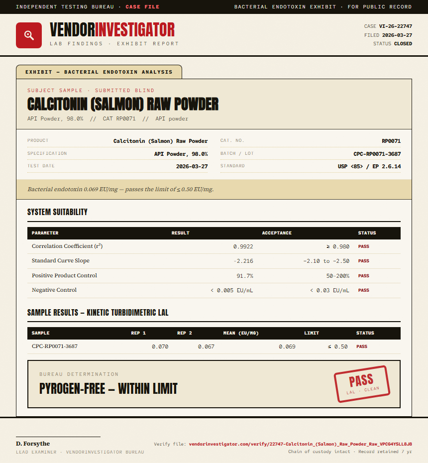 Calcitonin (Salmon) Raw Powder Endotoxin report by VendorInvestigator
