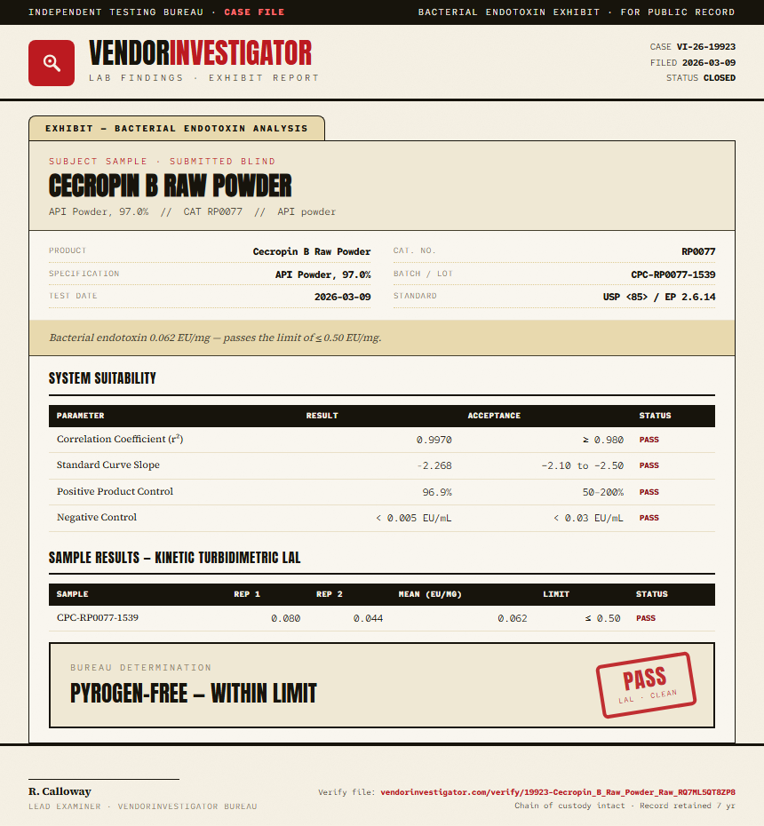 Cecropin B Raw Powder Endotoxin report by VendorInvestigator