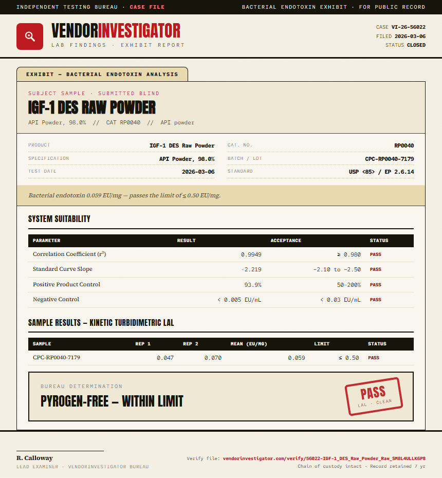 IGF-1 DES Raw Powder Endotoxin report by VendorInvestigator