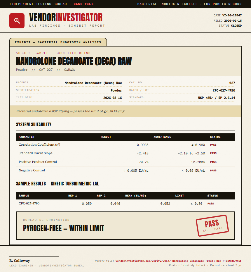 Nandrolone Decanoate (Deca) Raw Endotoxin report by VendorInvestigator