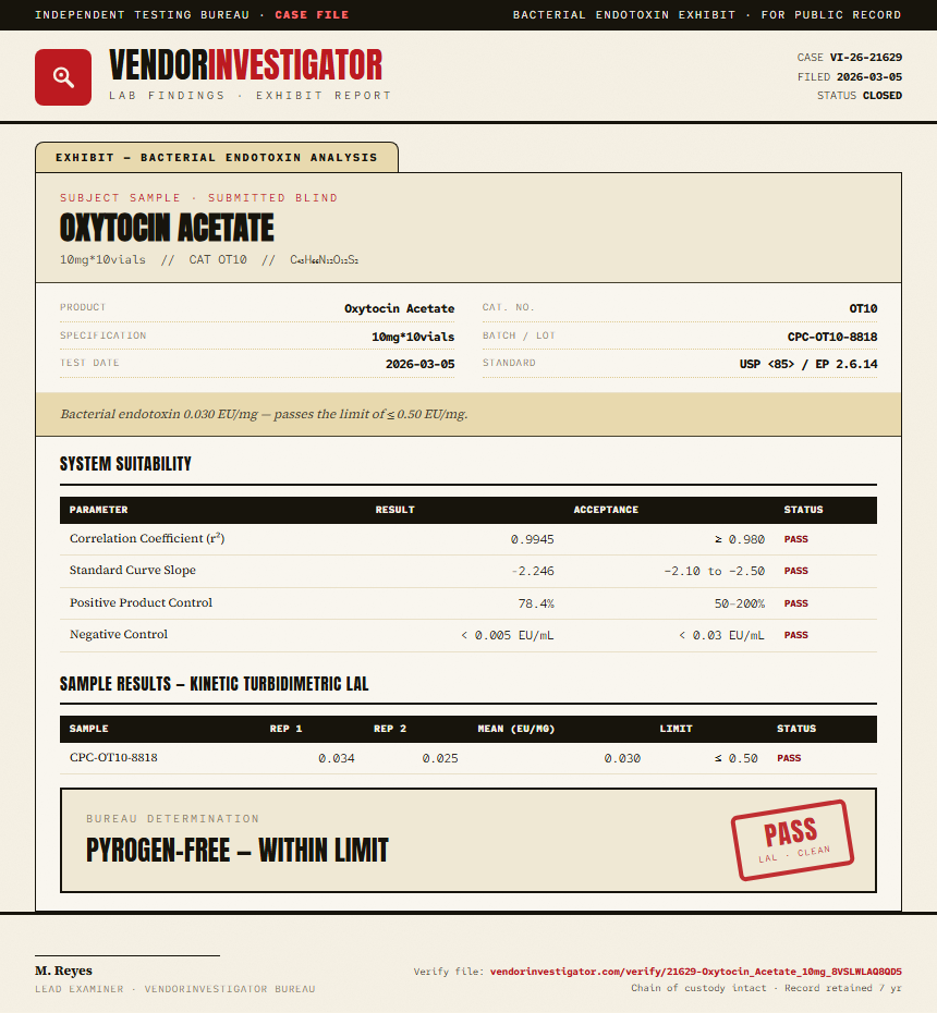 Oxytocin Acetate Endotoxin report by VendorInvestigator