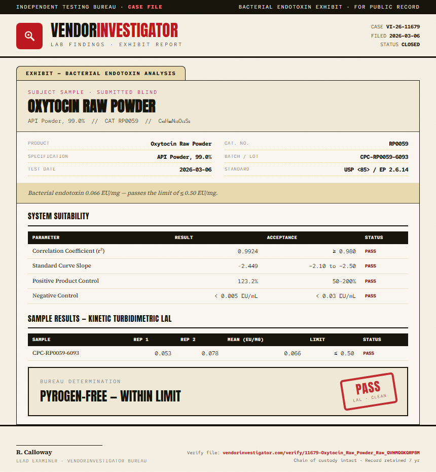 Oxytocin Raw Powder Endotoxin report by VendorInvestigator