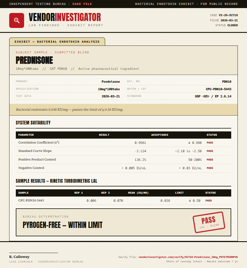 Prednisone Endotoxin report by VendorInvestigator