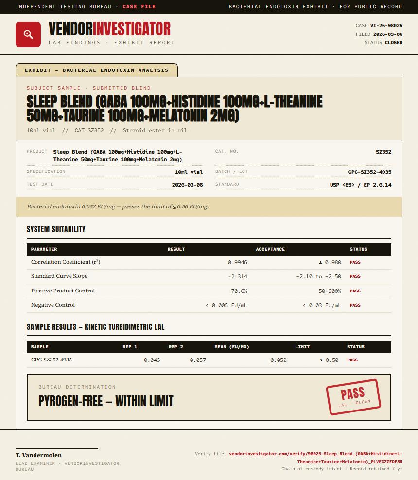 Sleep Blend (GABA 100mg+Histidine 100mg+L-Theanine 50mg+Taurine 100mg+Melatonin 2mg) Endotoxin report by VendorInvestigator