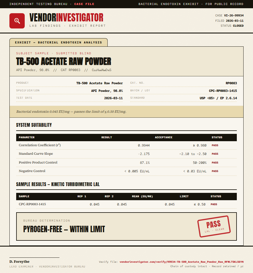 TB-500 Acetate Raw Powder Endotoxin report by VendorInvestigator
