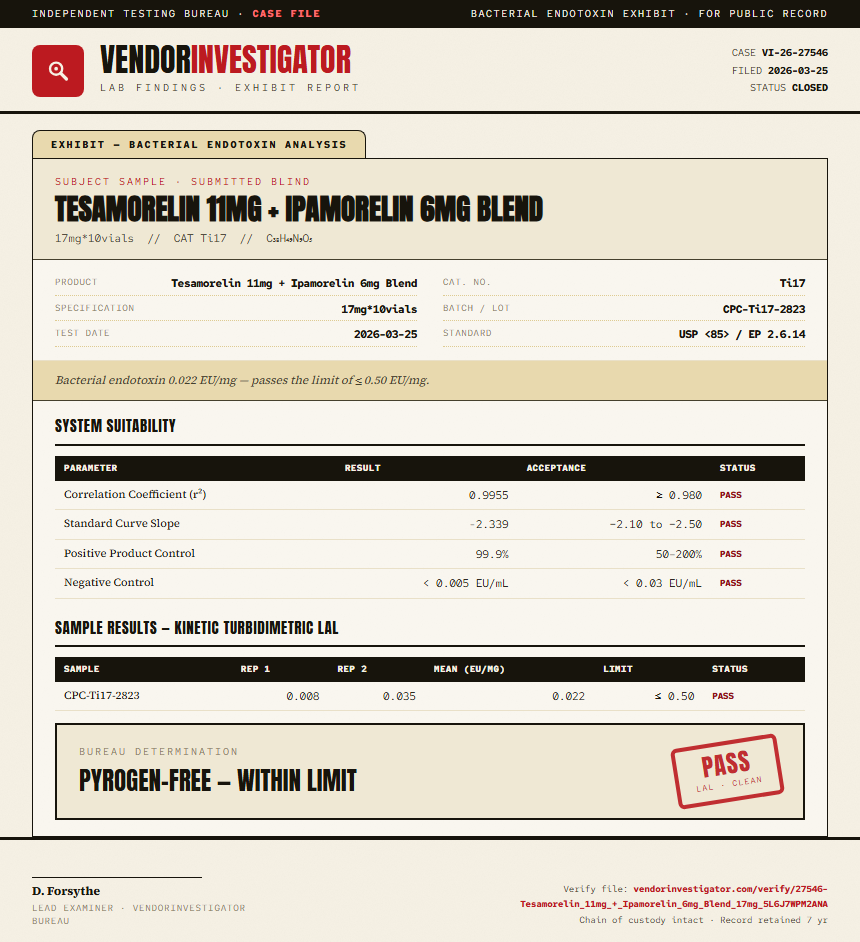 Tesamorelin 11mg + Ipamorelin 6mg Blend Endotoxin report by VendorInvestigator
