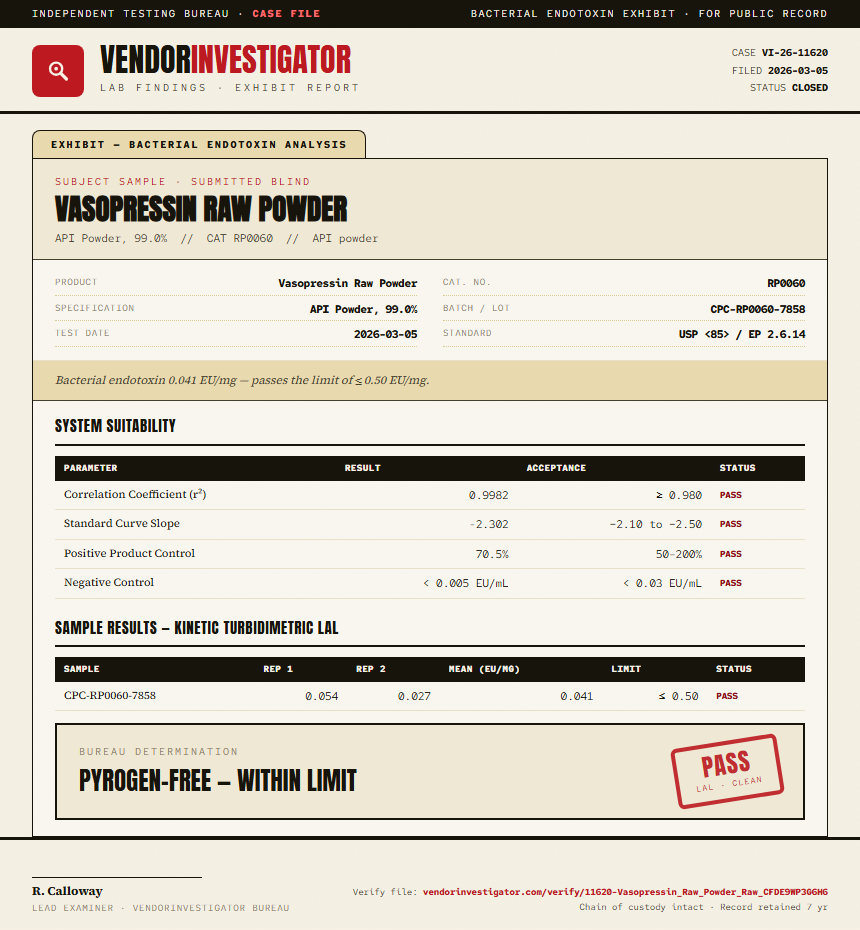 Vasopressin Raw Powder Endotoxin report by VendorInvestigator