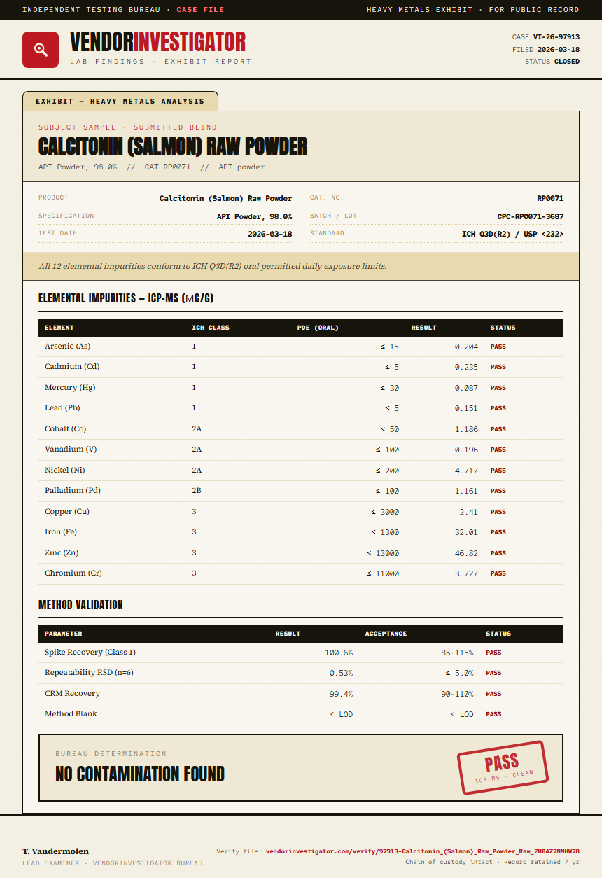 Calcitonin (Salmon) Raw Powder Heavy Metals report by VendorInvestigator