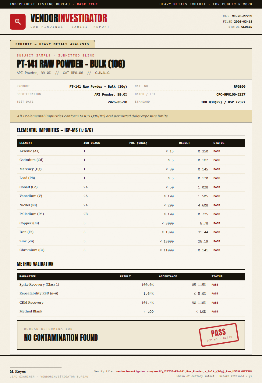 PT-141 Raw Powder - Bulk (10g) Heavy Metals report by VendorInvestigator
