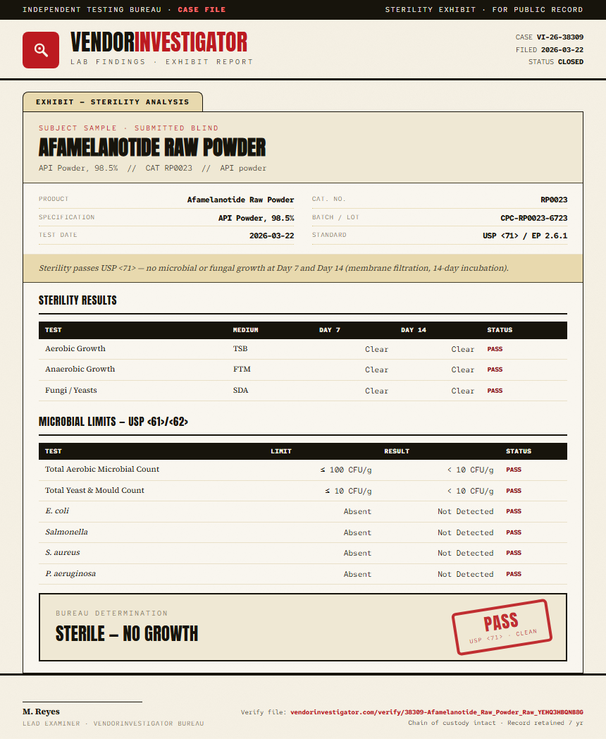 Afamelanotide Raw Powder Sterility report by VendorInvestigator